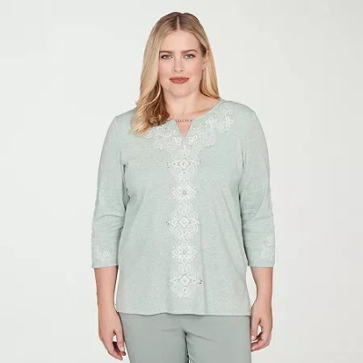 Alfred Dunner Stockbridge Womens Split Crew Neck 3/4 Sleeve T-shirt In Blue