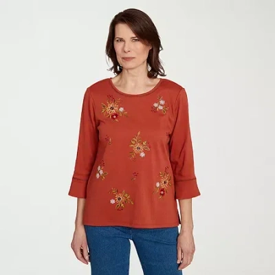 Alfred Dunner Classics Womens Crew Neck 3/4 Sleeve T-shirt In Brown