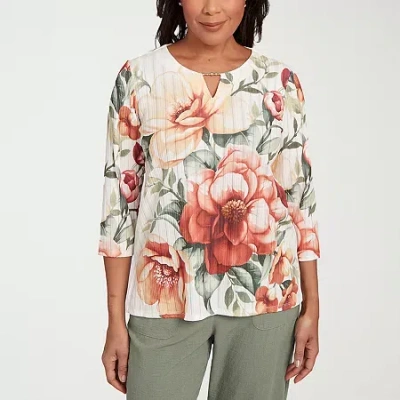 Alfred Dunner Copper Canyon Womens Split Crew Neck 3/4 Sleeve T-shirt In Green