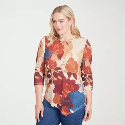 Alfred Dunner Sunset Canyon Womens Crew Neck 3/4 Sleeve T-shirt In Multi