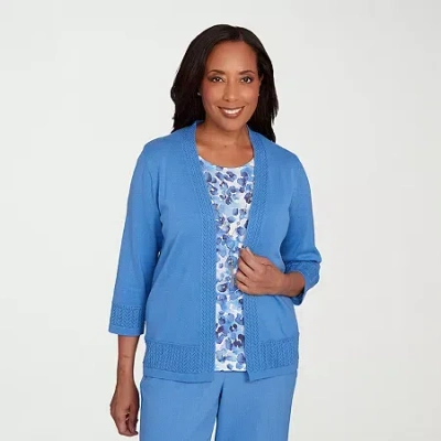 Alfred Dunner Business As Usual Womens 3/4 Sleeve Floral Layered Sweater In Blue