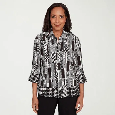 Alfred Dunner Business As Usual Womens 3/4 Sleeve Button-down Shirt In Black
