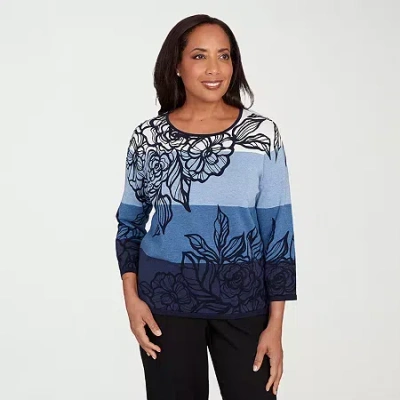 Alfred Dunner Women's Classic Ombre Floral Block Stripe Sweater In Blue
