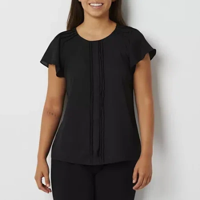 Worthington Womens Petite Round Neck Short Sleeve Blouse In Black