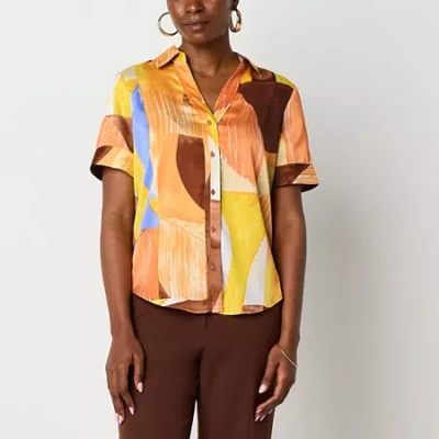 Worthington Womens Short Sleeve Regular Fit Button-down Shirt In Orange