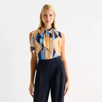 Worthington Womens Split Tie Neck Short Sleeve Blouse In Multi