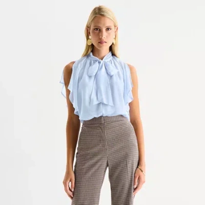 Worthington Womens Split Tie Neck Short Sleeve Blouse In Blue