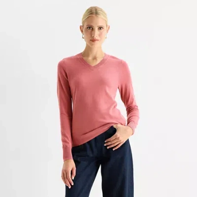 Worthington Womens V Neck Long Sleeve Pullover Sweater In Pink
