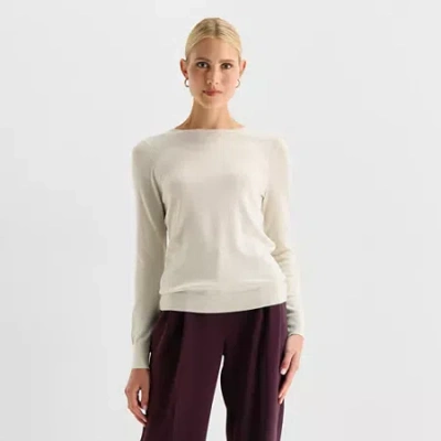Worthington Womens Crew Neck Long Sleeve Pullover Sweater In White