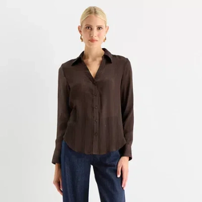 Worthington Womens Cuffed Long Sleeve Button-down Shirt In Brown