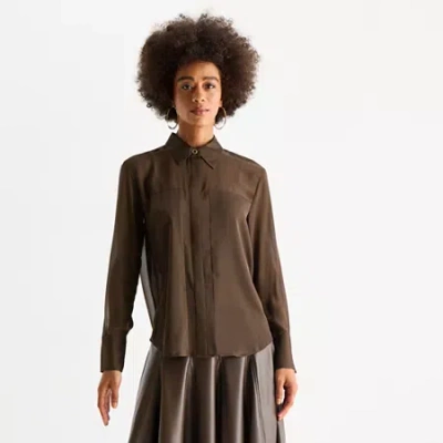 Worthington Womens Long Sleeve Satin Blouse In Black