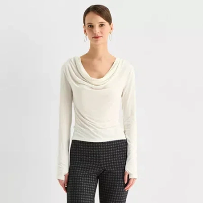 Worthington Womens Cowl Neck Long Sleeve Blouse In White