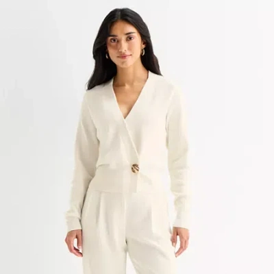 Worthington Womens V Neck Long Sleeve Button Cardigan In White