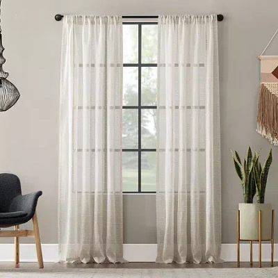 Clean Window Textured Slub Stripe Rod Pocket Sheer Single Curtain Panel In Sand
