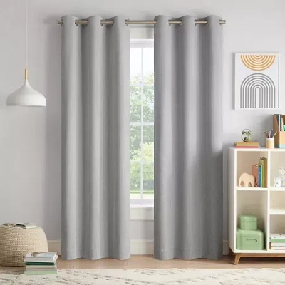 Eclipse Kids Chambray Grommet Top Blackout Single Curtain Panel In Gray