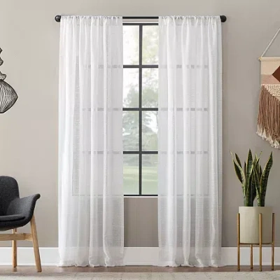 Clean Window Textured Slub Stripe Rod Pocket Sheer Single Curtain Panel In White