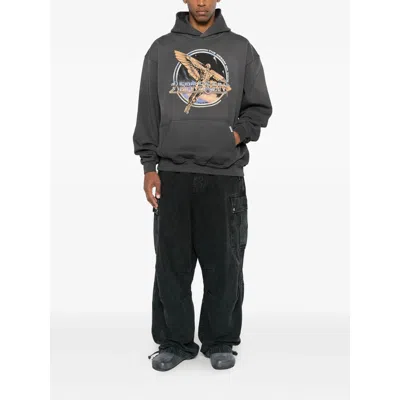 Represent Black Hoodie With Graphic Print On Front And Back And Faded Effect In Cotton Man In Gray