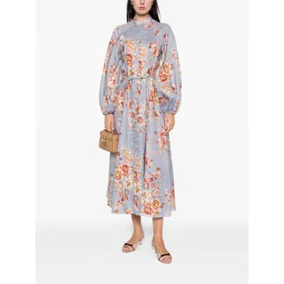Zimmermann Womens Chambray Floral Billow Long-sleeve Linen Maxi Dress Xxs In Blue