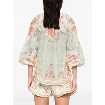 Zimmermann Womens Wallpaper Floral Mint Daylight Balloon-sleeves Woven Blouse Xs In Blue