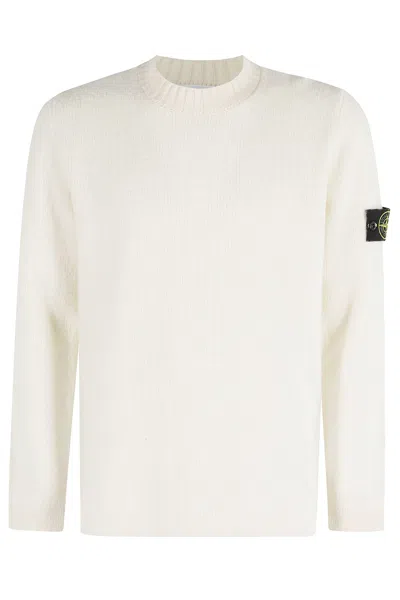 Stone Island Classic Crew Neck Knit Sweater With Logo Patch In White