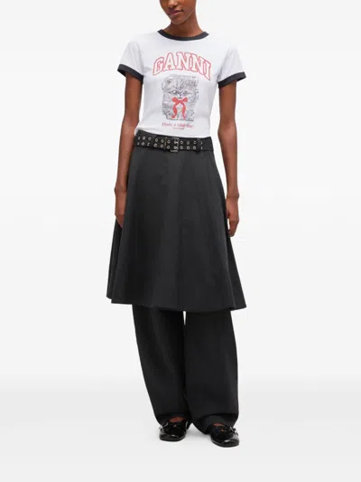 Ganni Graphic Print Crew Neck Short Sleeve Top In White