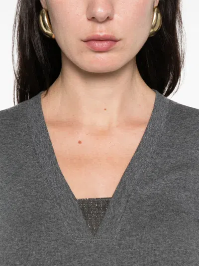 Brunello Cucinelli Cotton V-necked Sweater In Gray
