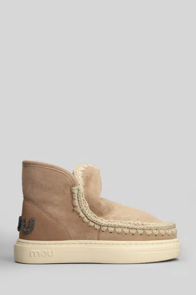 Mou Eskimo Sneaker Low Heels Ankle Boots In Camel Suede In Brown