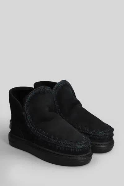 Mou Eskimo Sneaker Bold Low Heels Ankle Boots In Black Suede In Black