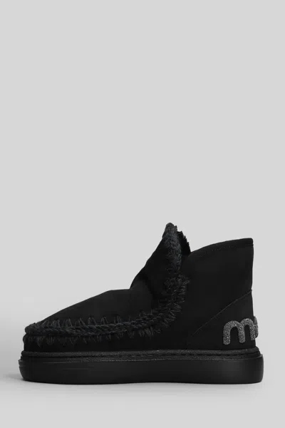 Mou Eskimo Sneaker Bold Low Heels Ankle Boots In Black Suede In Black