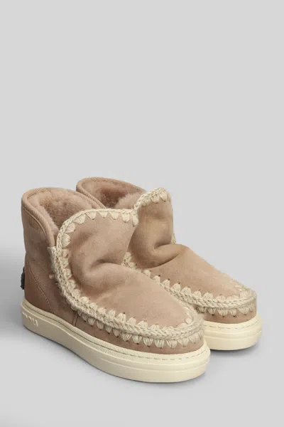 Mou Eskimo Sneaker Low Heels Ankle Boots In Camel Suede In Brown