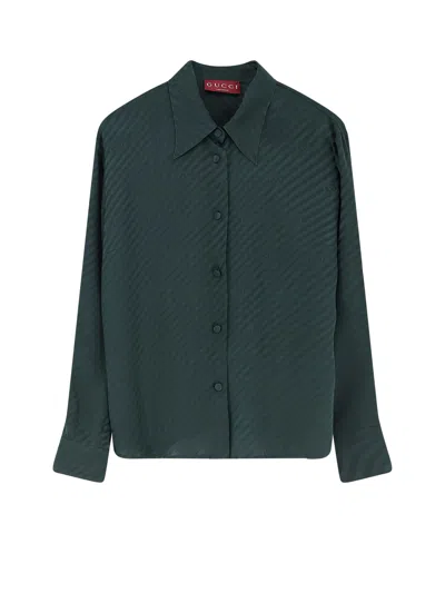 Gucci Interlocking Jacquard Silk Long Sleeve Shirt In Green