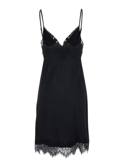 Merci Black Dress With Thin Straps And Tone-on-tone Lace Trim In Fabric Woman In Black