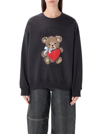Ganni Crewneck Sweatshirt Bear Graphic Rhinestones Message In Black