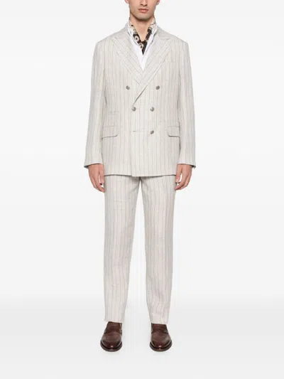 Brunello Cucinelli Striped Linen Double-breasted Suit Jacket In Neutral