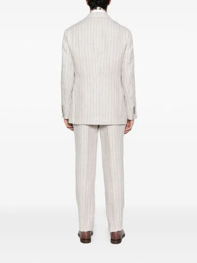 Brunello Cucinelli Striped Linen Double-breasted Suit Jacket In Neutral