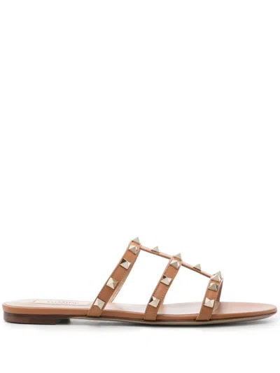 Valentino Rockstud Leather Sandals In Brown