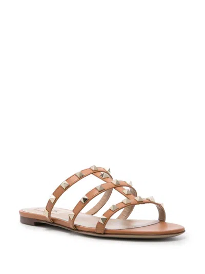 Valentino Rockstud Leather Sandals In Brown