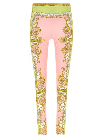 Versace Barocco Stretch Leggings Slim Cut Waistband In Brown