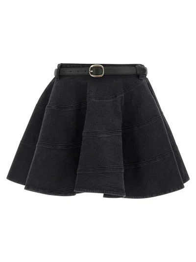 Self-portrait Black Flared Denim Mini Skirt In Black
