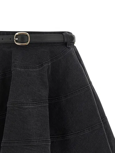 Self-portrait Black Flared Denim Mini Skirt In Black