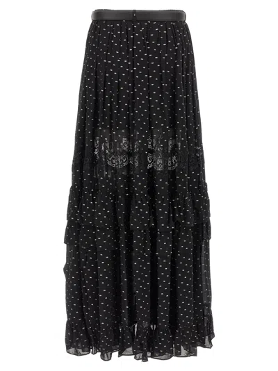 Self-portrait Lace-trimmed Polka-dot Chiffon Maxi Skirt In Black