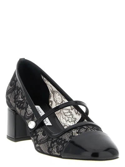 Jimmy Choo Elisa Pumps Block Heel Lace Overlay Pearls In Black