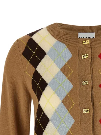 Ganni Diamond-shaped Cardigan Sweaters And Cardigans Beige In Multi