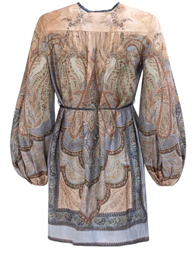 Zimmermann Long Sleeve V-neck Paisley Dress Tie Detail In Blue