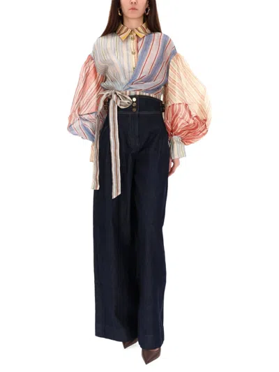 Zimmermann Striped Top With Balloon Sleeves And Tie Waist In Blue