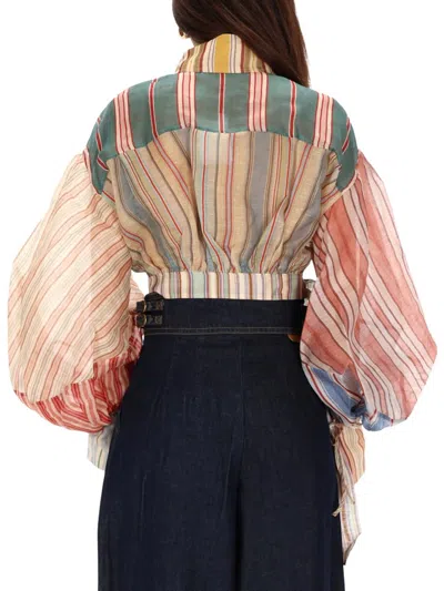 Zimmermann Striped Top With Balloon Sleeves And Tie Waist In Blue