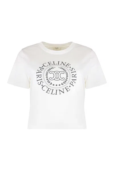 Celine Cotton T-shirt With Logo In White