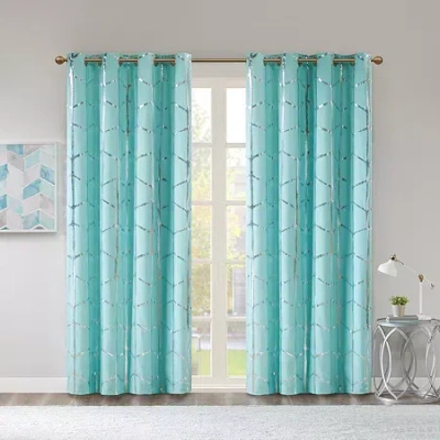 Intelligent Design Khloe Metallic Geometric Printed Grommet Top Energy Saving 100% Blackout Single Curtain Panel In Blue