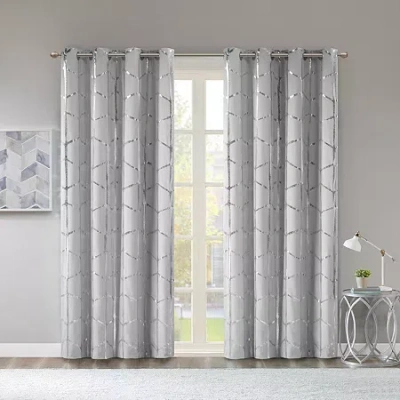 Intelligent Design Khloe Metallic Geometric Printed Grommet Top Energy Saving 100% Blackout Single Curtain Panel In Silver