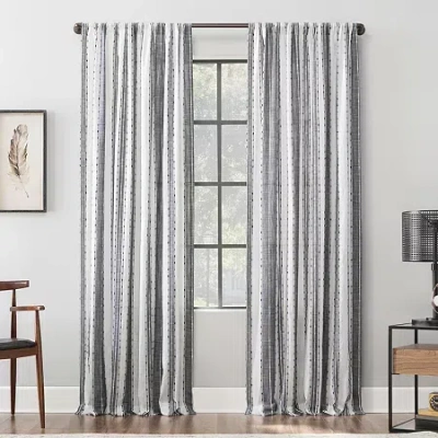Archaeo Slub Texture Stripe Cotton Rod Pocket Light-filtering Single Curtain Panel In Black